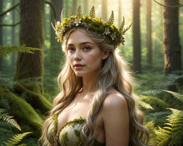 Serene Forest Scene with Ethereal Woman in Nature