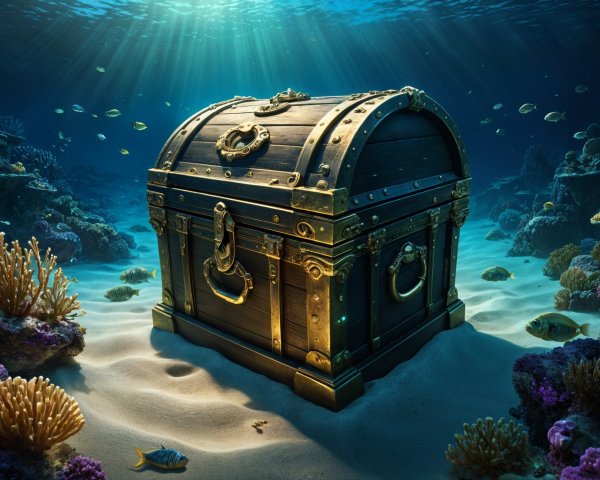 Ornate Treasure Chest on Sandy Seabed with Coral