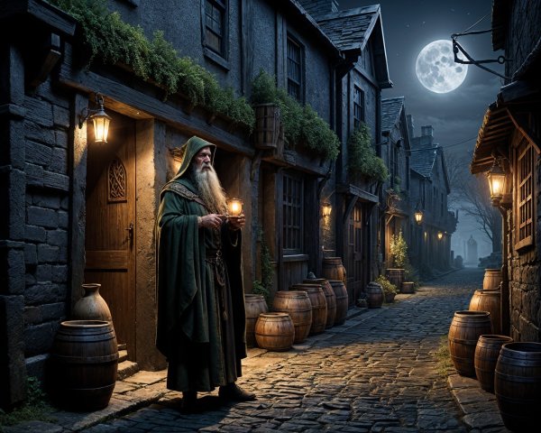 Elderly Figure with Lantern in Cobblestone Alley