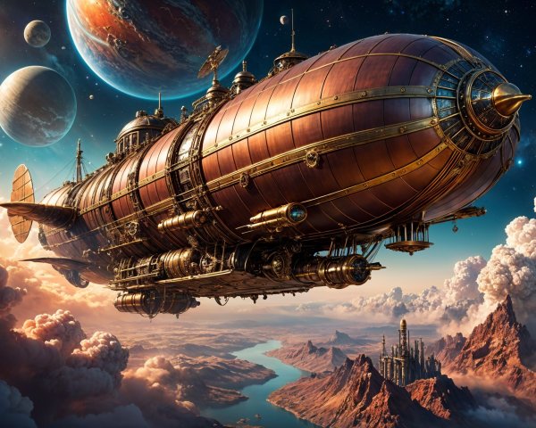Steampunk Airship in a Colorful Celestial Landscape