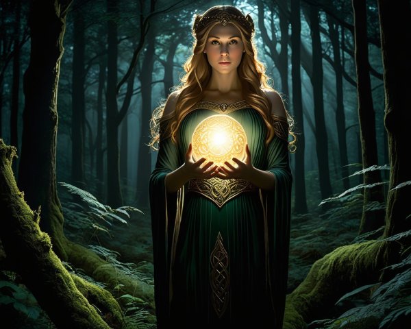 Graceful woman in mystical forest with glowing orb