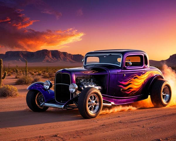 Vintage Hot Rod Against Desert Sunset Landscape