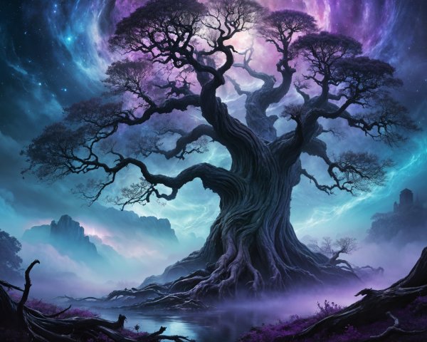 Ancient Tree Against Cosmic Galaxy and Misty Waters
