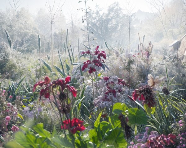 Serene Morning Garden with Vibrant Flowers and Mist