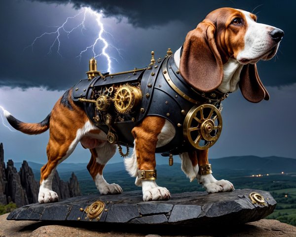 Basset Hound on Rock with Steampunk Harness and Storm Clouds