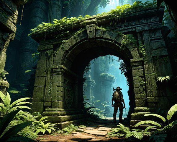 Explorer Beneath Ancient Stone Archway with Vines