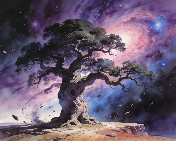 Watercolor Painting of a Gnarled Tree and Cosmic Sky