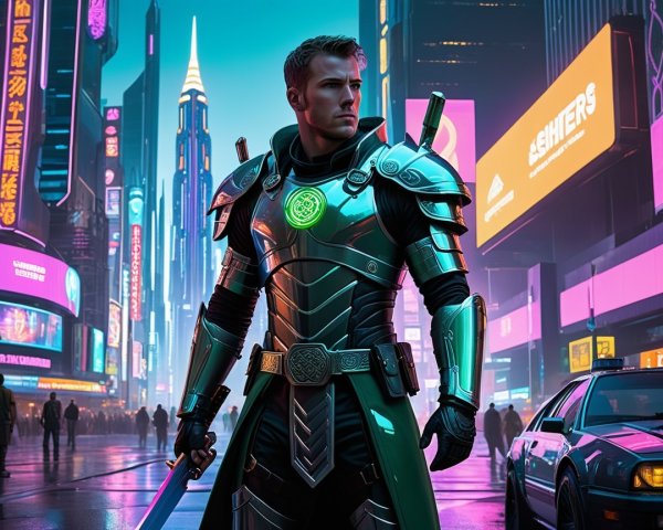 Futuristic warrior in neon cityscape with armor and sword