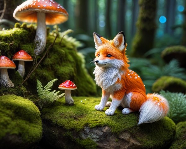Orange Fox in Enchanted Forest with Mushrooms