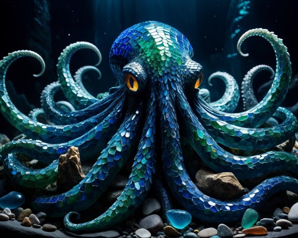 Vibrant Octopus on Ocean Floor with Gemstones