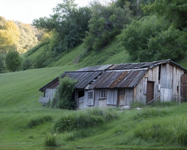 Rustic wooden cabin in a lush green landscape