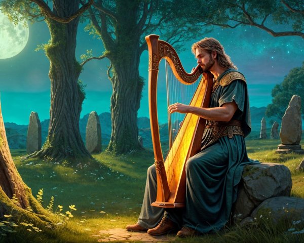 Mystical Forest Night Scene with Harp Music