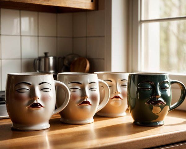Ceramic Mugs with Unique Face Designs on Countertop