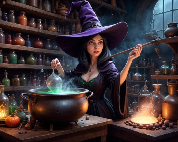 Witch in Potion Shop with Colorful Bottles and Cauldron