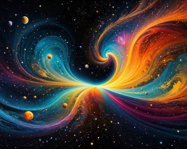 Vibrant Cosmic Swirl with Colors and Celestial Elements