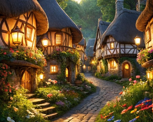 Charming Village Street with Quaint Cottages and Nature
