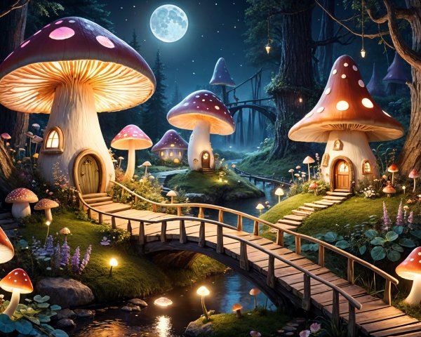 Whimsical Mushroom Houses Under a Starry Night Sky