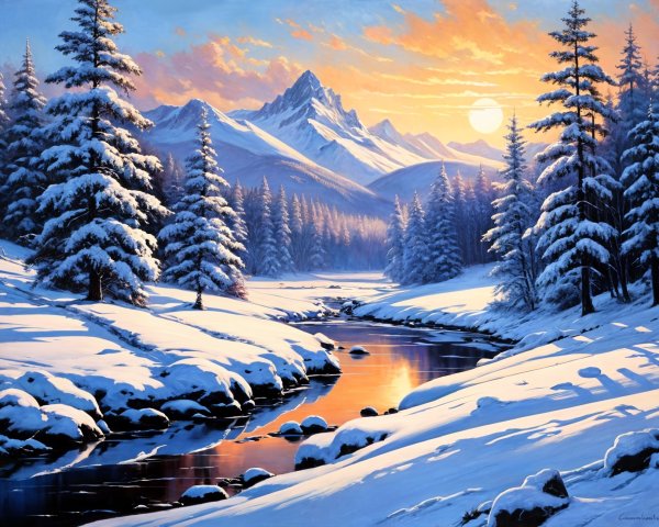 Winter Landscape with Snow-Capped Mountains and River