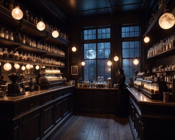 Cozy Apothecary with Vintage Bottles and Moonlight
