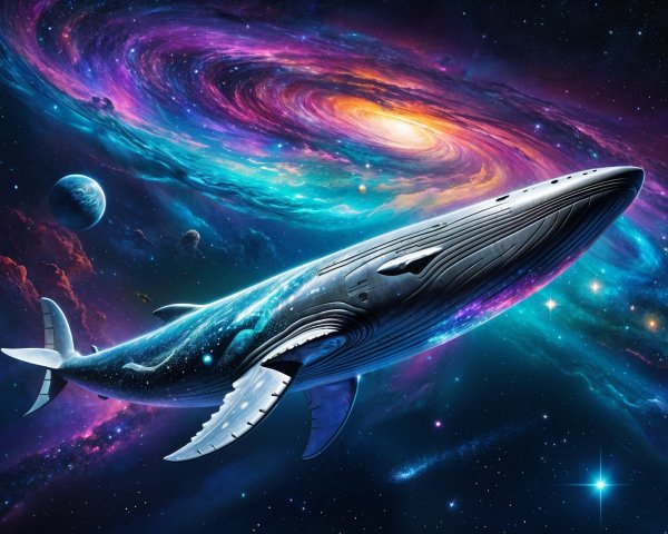Whale Swimming Through a Cosmic Universe Scene