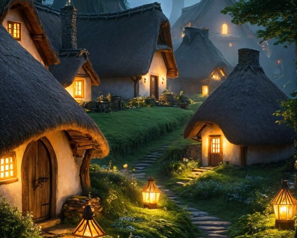 Enchanting Twilight Village with Thatched Cottages