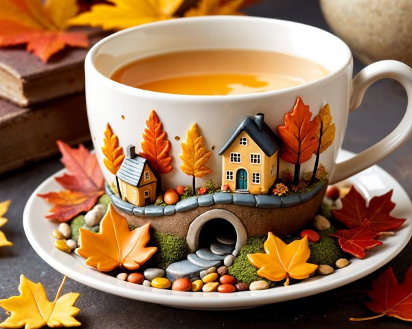 Whimsical Teacup with Miniature Houses and Autumn Leaves