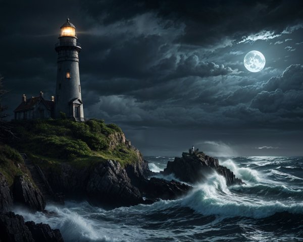 Lighthouse on Rocky Promontory Under Dramatic Sky