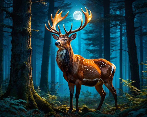 Majestic Stag in Moonlit Mystical Forest Scene
