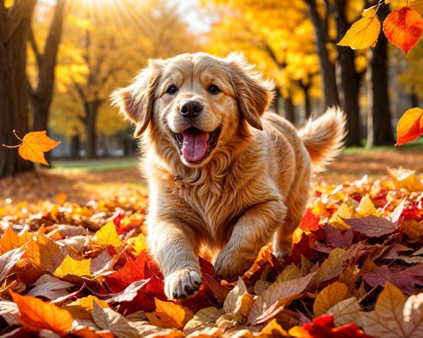 Golden Retriever Puppy in Autumn Leaves Scene