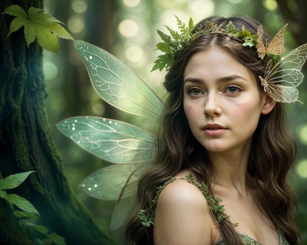 Fairy with Translucent Wings in Lush Forest Setting