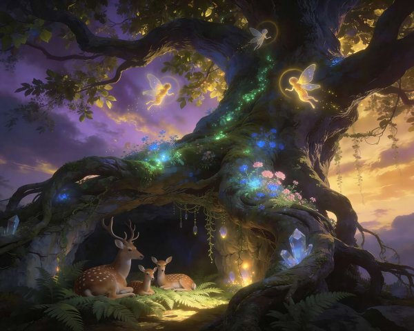 Magical forest illustration with glowing flowers and tree