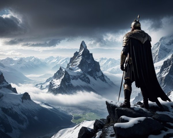Lone Warrior on Cliff Overlooking Mountain Landscape