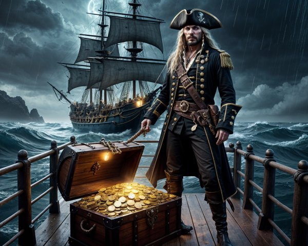 Fierce Pirate on Ship Deck with Treasure Chest