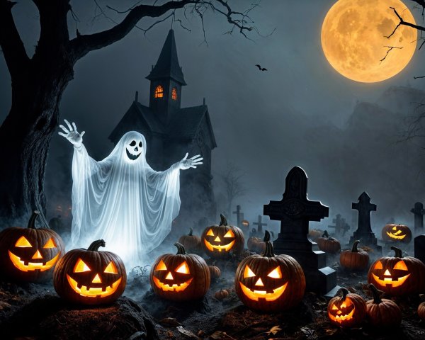 Ghostly Figure in Graveyard with Jack-o'-Lanterns