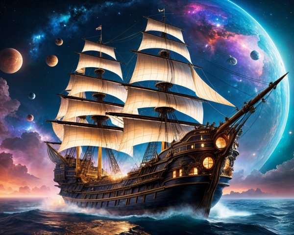 Tall Ship Sailing Through a Cosmic Sea with Planets