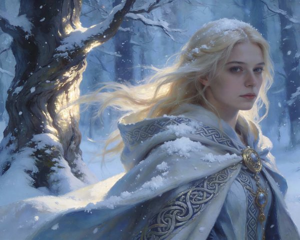 Fantasy Painting of Woman in Snowy Forest Setting