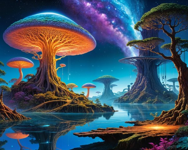 Bioluminescent Trees and Galaxy in Fantastical Landscape