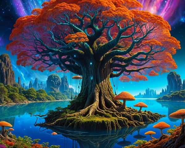Vibrant Mystical Landscape with Colossal Tree and Mushrooms