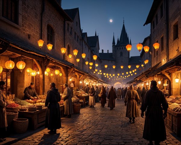 Medieval Marketplace at Twilight with Lanterns and Stalls