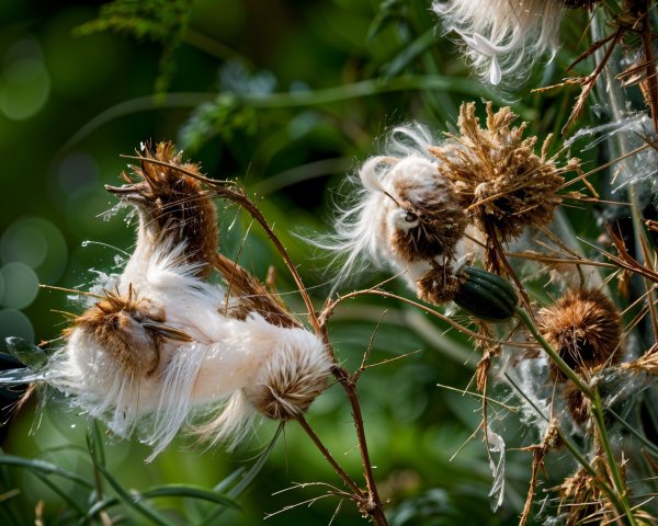 Delicate Seed Pods with Fibers and Water Droplets