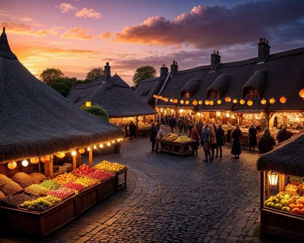 Charming Sunset Market with Vibrant Stalls and Atmosphere