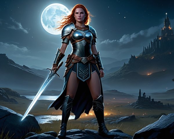 Fierce Warrior in Silver Armor Under Full Moon