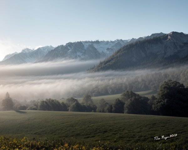 Serene Mountain Landscape with Mist and Wildflowers