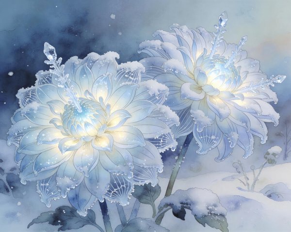 Glowing Blue and White Fantasy Flowers in Watercolor