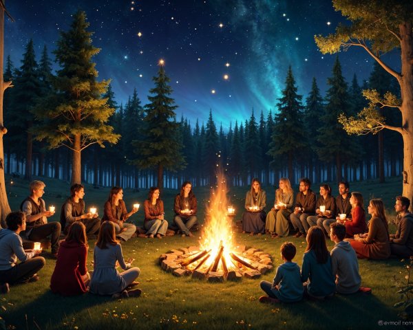 Diverse Group Sharing Stories Around a Campfire