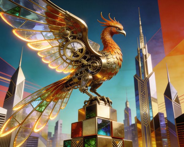 Detailed Golden Steampunk Phoenix with Clockwork Features