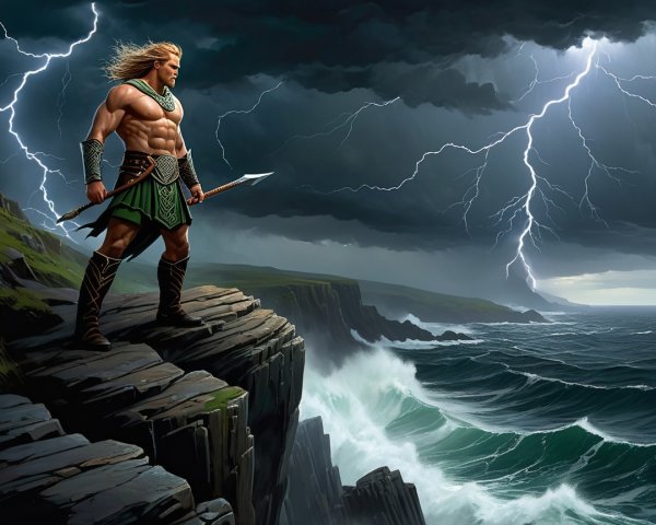 Muscular Warrior on Cliff with Stormy Ocean Waves