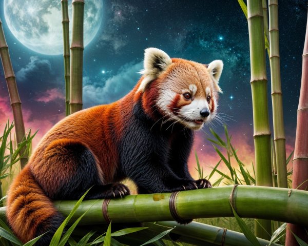 Red panda on bamboo under a starry moonlit sky
