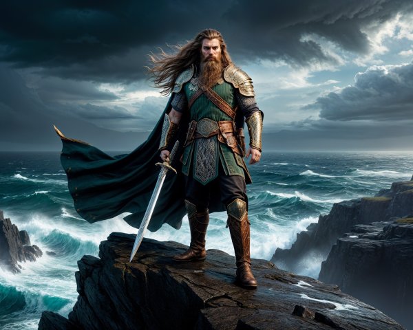 Majestic warrior on cliff with ocean backdrop and sword