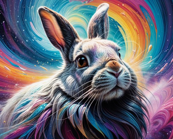 Colorful Rabbit Against Cosmic Background